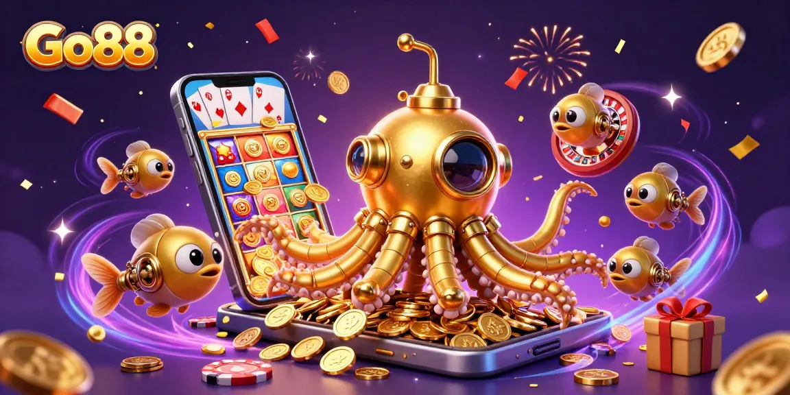 Experience thrilling gameplay with Go88’s vibrant golden kraken and slot game elements!
