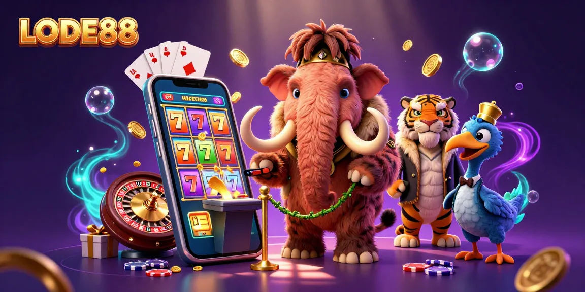 Experience the thrilling world of LODE88 with a vibrant casino scene featuring dynamic characters and iconic game elements.
