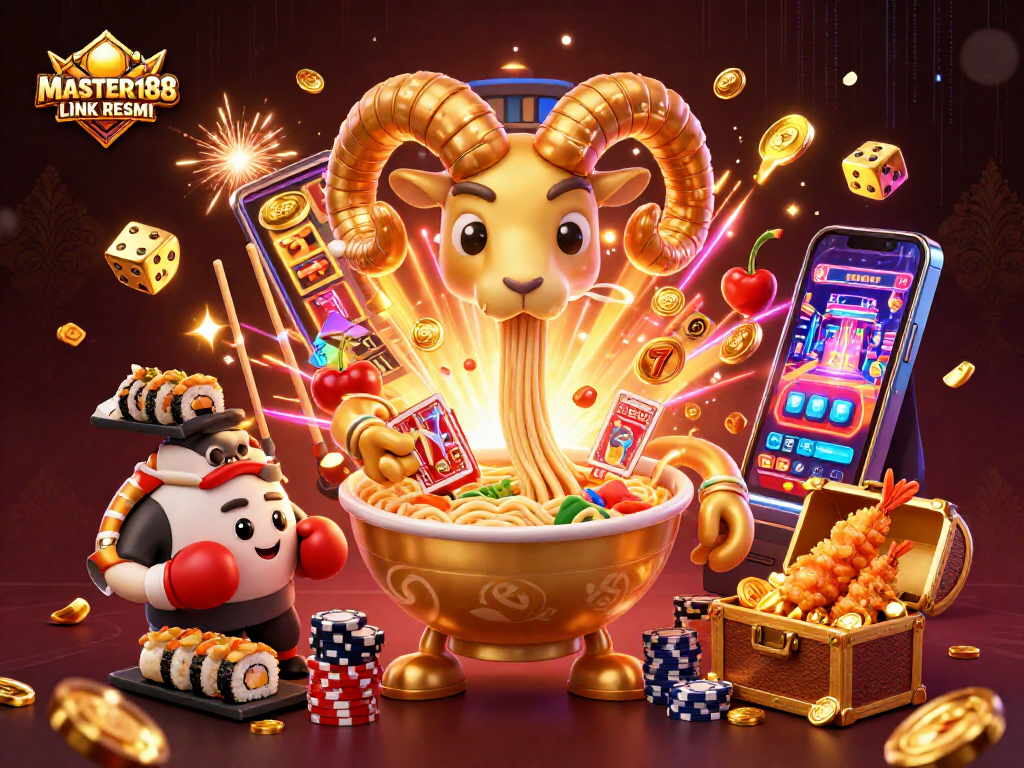Experience the excitement of the MASTER188 LINK RESMI with vibrant casino elements in a dynamic 3D scene.