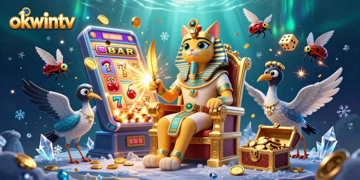 Experience the excitement of okwintv with a vibrant 3D scene of slot machines and dynamic characters.