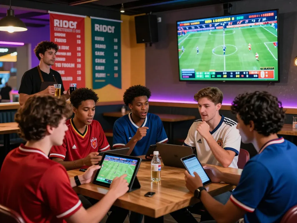 Soi kèo nhà cái during an exciting sports betting gathering with fans analyzing live football odds and statistics.