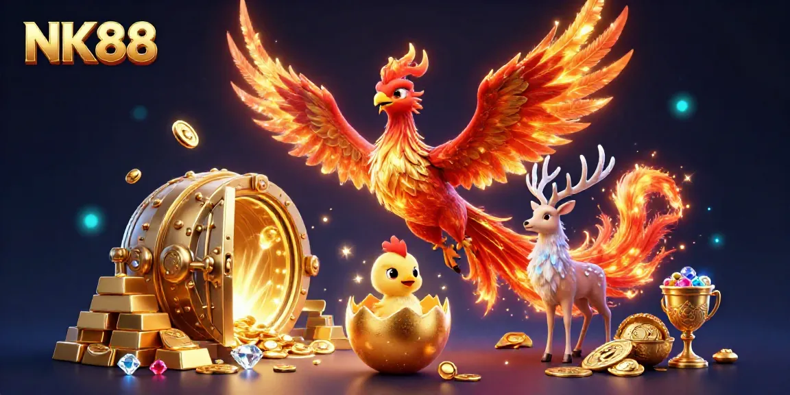 Experience thrilling moments at NK88 with a captivating phoenix and riches in this casino-themed scene.