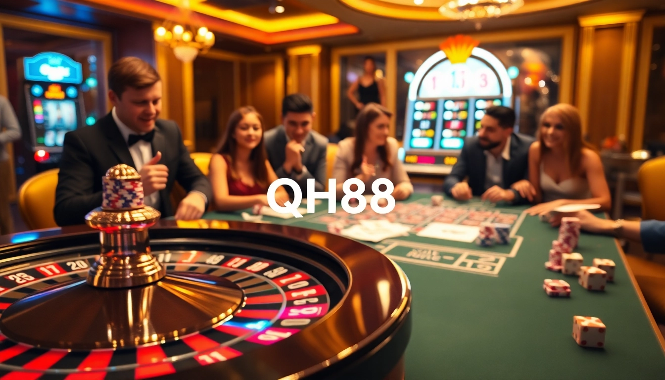 Experience the thrill of gambling at QH88's vibrant casino table with poker chips and roulette wheel.