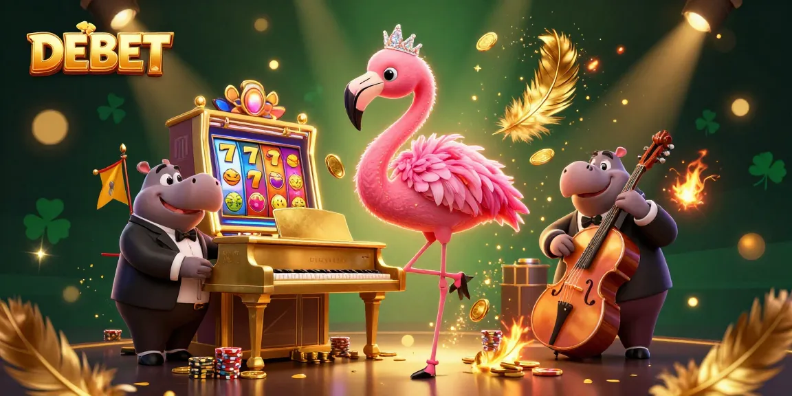 Experience DEBET thrills with vibrant casino illustrations featuring dynamic characters and slot elements.