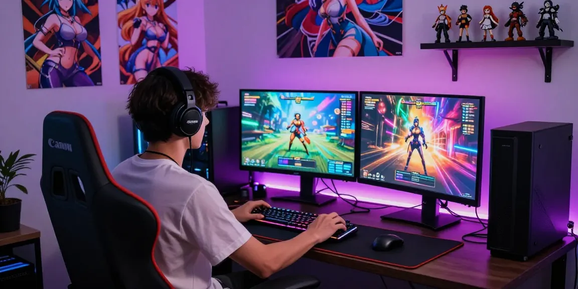Engaged gamer playing real hentai games at a colorful gaming setup with monitors and accessories.