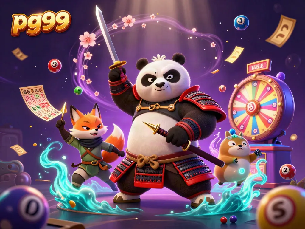 pg99 showcases a dynamic illustration of a panda samurai and ninja fox engaged in thrilling lottery action.