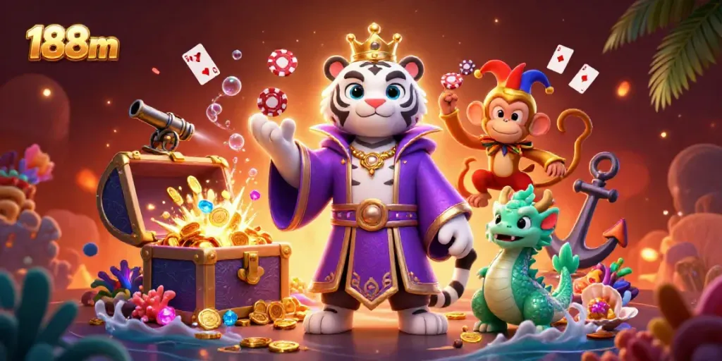 Experience the vibrant casino world of 188m with a white tiger, a jester monkey, and a jade dragon amid treasure.