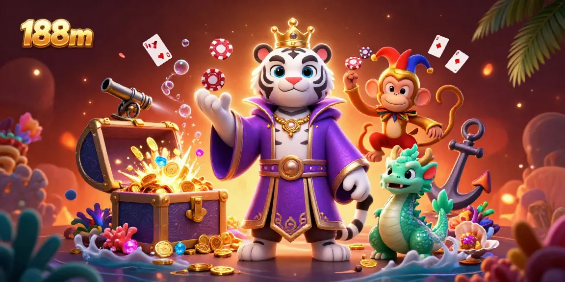 Experience the vibrant casino world of 188m with a white tiger, a jester monkey, and a jade dragon amid treasure.