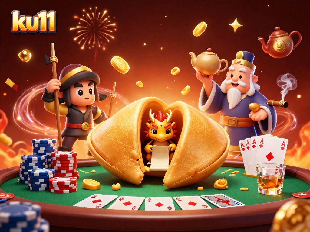 Engage in winning strategies at ku11 with a vibrant casino scene featuring a giant golden fortune cookie and poker elements.