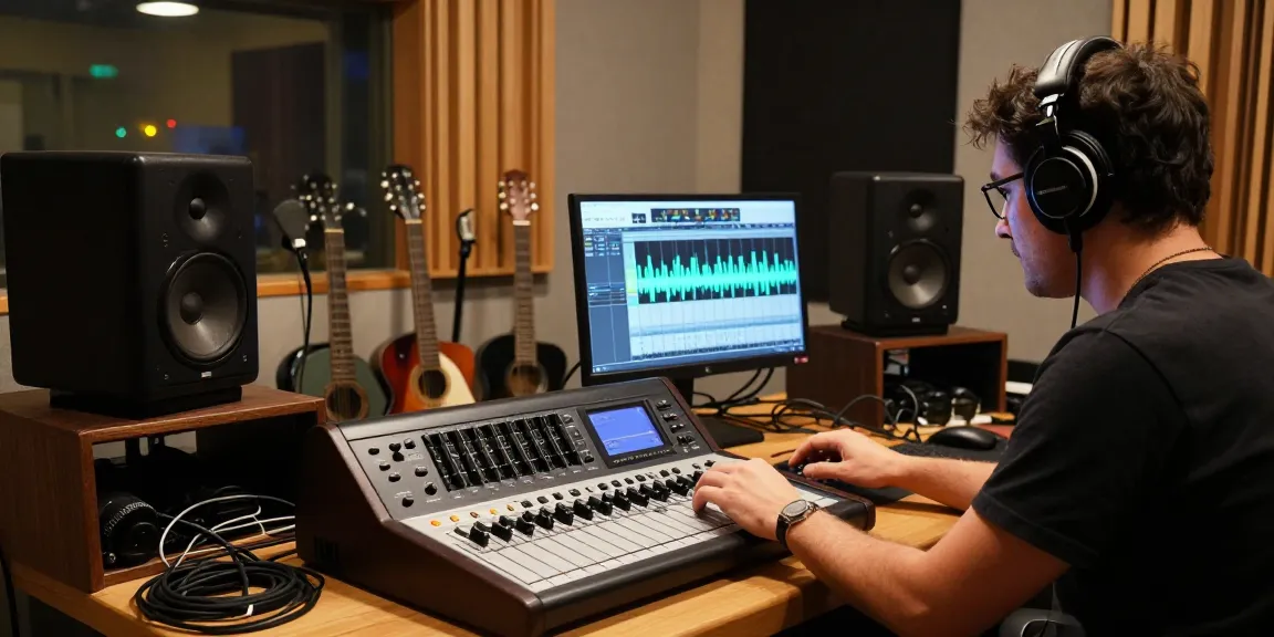 Sound engineer using the da88 multitrack recorder in a professional audio studio with warm lighting and acoustic panels.