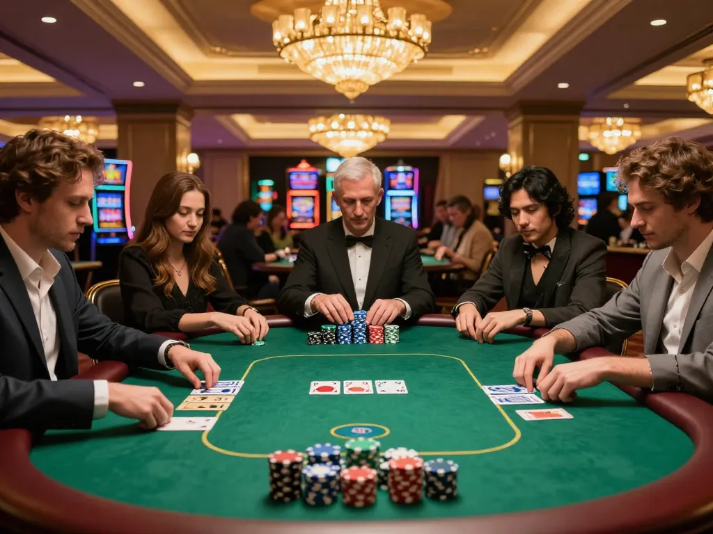 Experience the thrill of high-stakes poker at 壹發娛樂 with players engaged and vibrant casino ambiance.