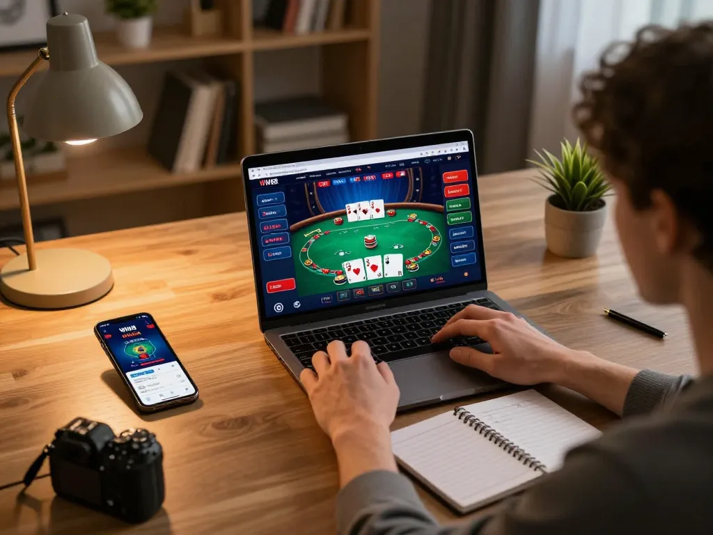 Player engaged in a WW88 online poker game on a laptop at a cozy gaming setup.