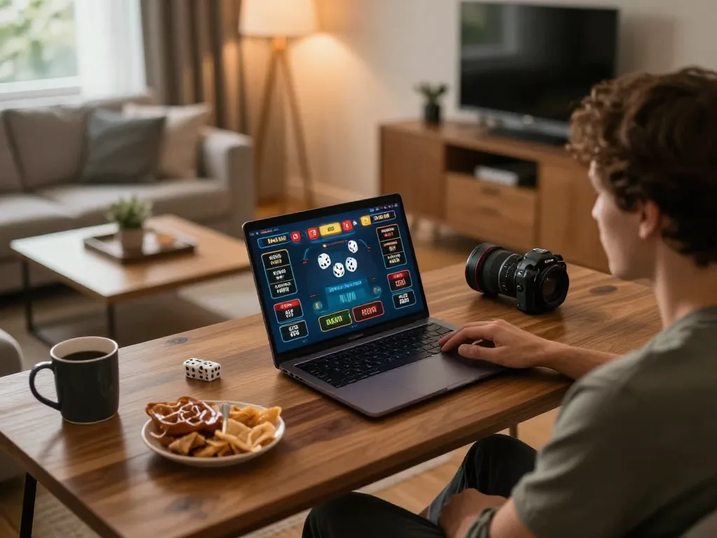 Engaged player analyzing tai xiu online betting interface on a laptop in a cozy home setting.