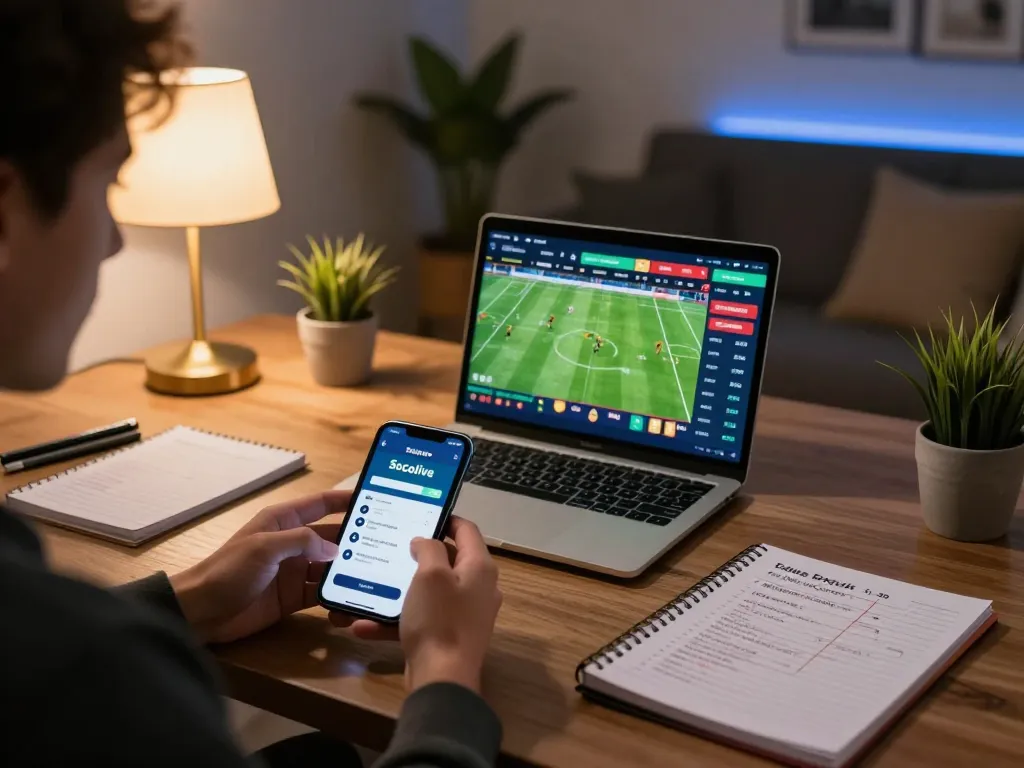 Socolive link displayed on smartphone for live sports betting in an engaging home office setting.
