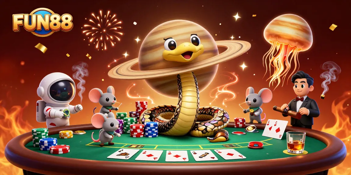 Experience FUN88 with a vibrant 3D illustration showcasing a cosmic snake roulette and gambling excitement.
