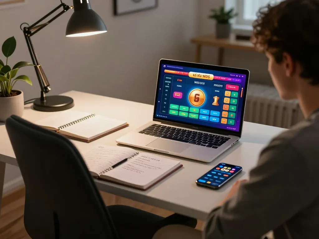 Engaging in a game of tài xỉu MD5 online in a cozy home office setting with strategic notes nearby