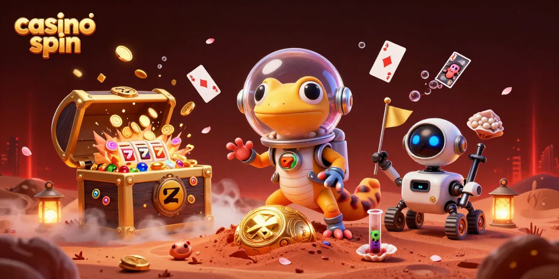 Engage in casino spin excitement with a Martian gecko exploring a golden casino on Mars in a vibrant scene.