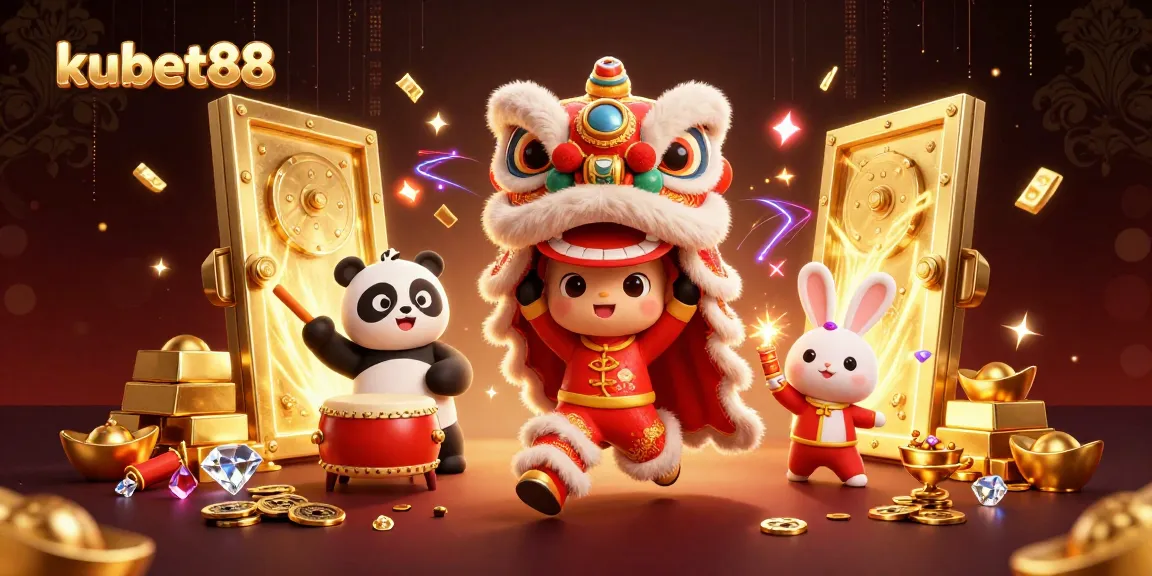 Engage with kubet88 in a vibrant online casino scene showcasing festive characters and dazzling treasure.