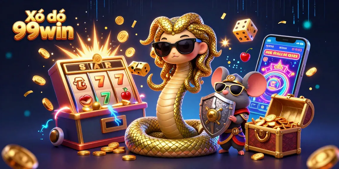 Experience excitement with Xổ số 99win as Medusa and a warrior mouse celebrate big wins in a vibrant casino.