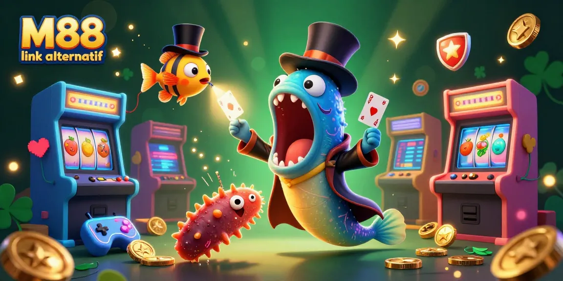 Play exciting games with M88 link alternatif amidst dynamic casino elements and vibrant colors.