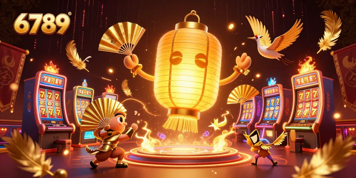 Experience 6789's vibrant casino atmosphere with lucky symbols and golden characters amid swirling golden feathers.