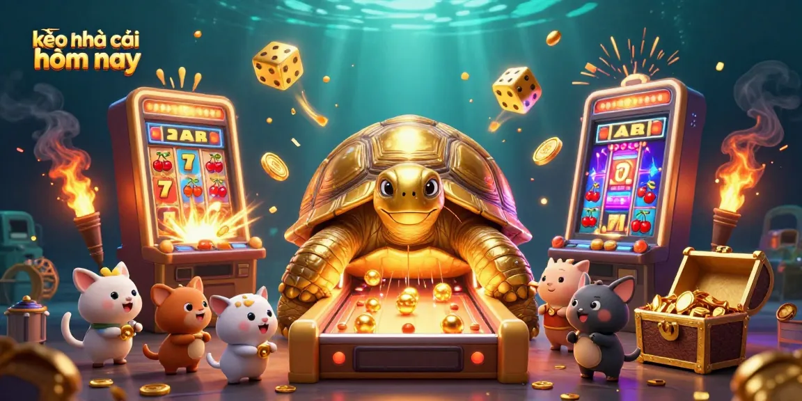 Engage with kèo nhà cái hôm nay in a vibrant casino scene featuring a golden tortoise and lively game elements.
