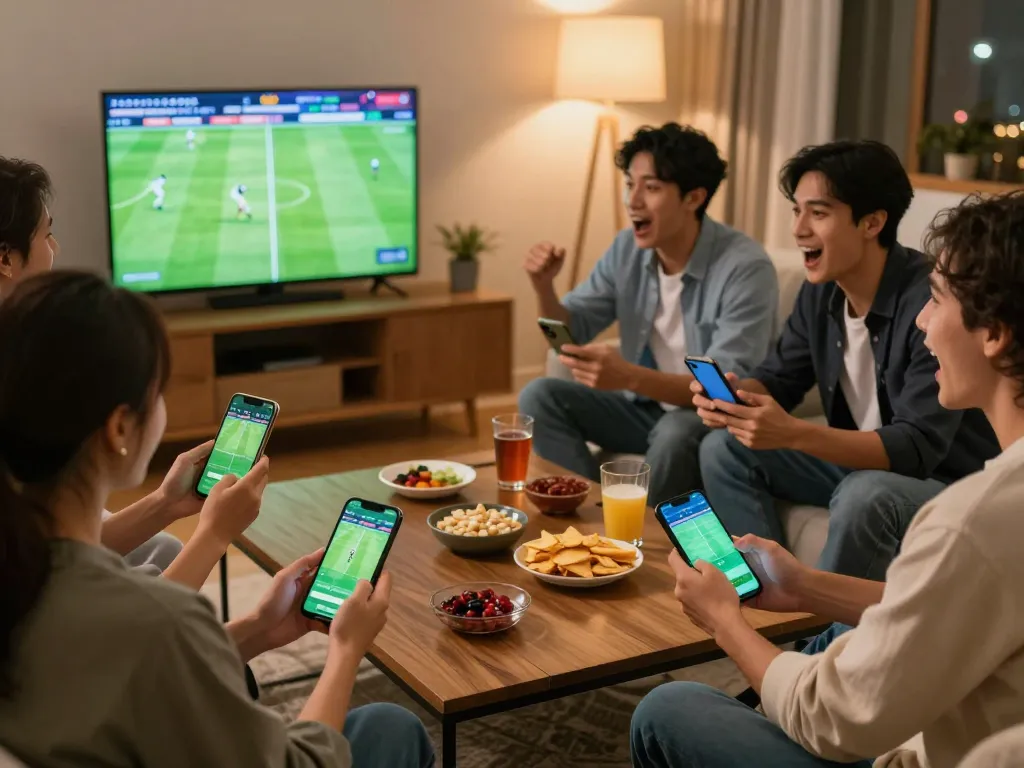 Engaged friends using a sports betting app to follow kqbd while watching a football match.