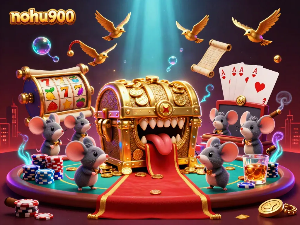 Engage in thrilling slots with nohu900, featuring dynamic characters and vibrant casino elements.