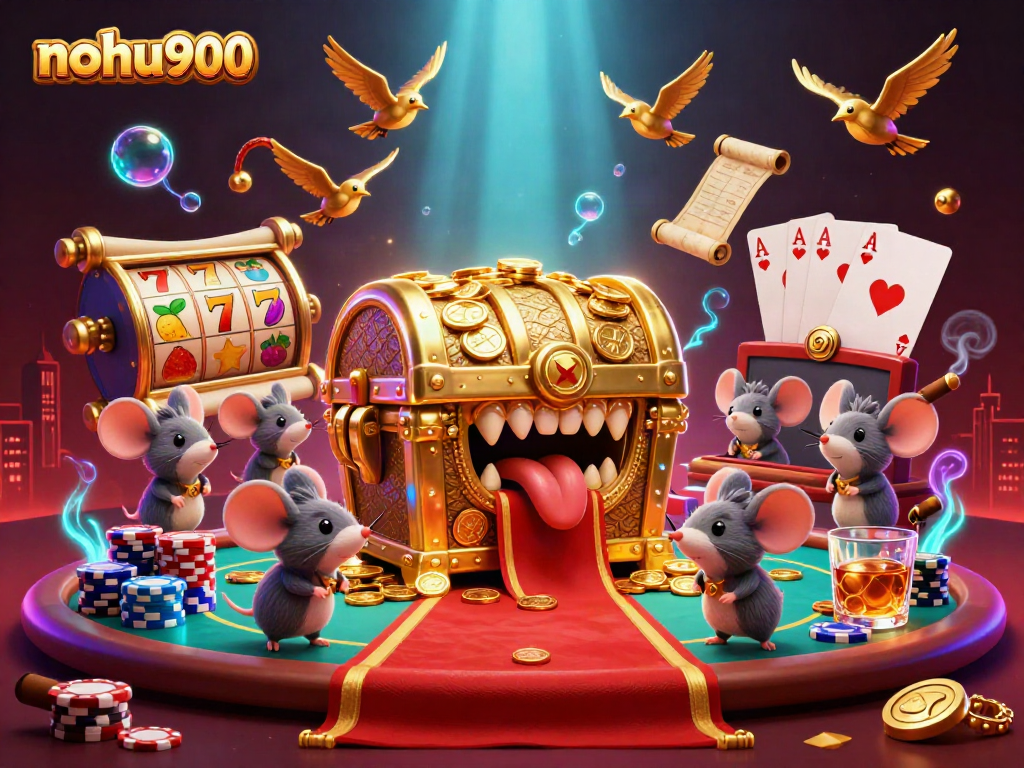 Engage in thrilling slots with nohu900, featuring dynamic characters and vibrant casino elements.
