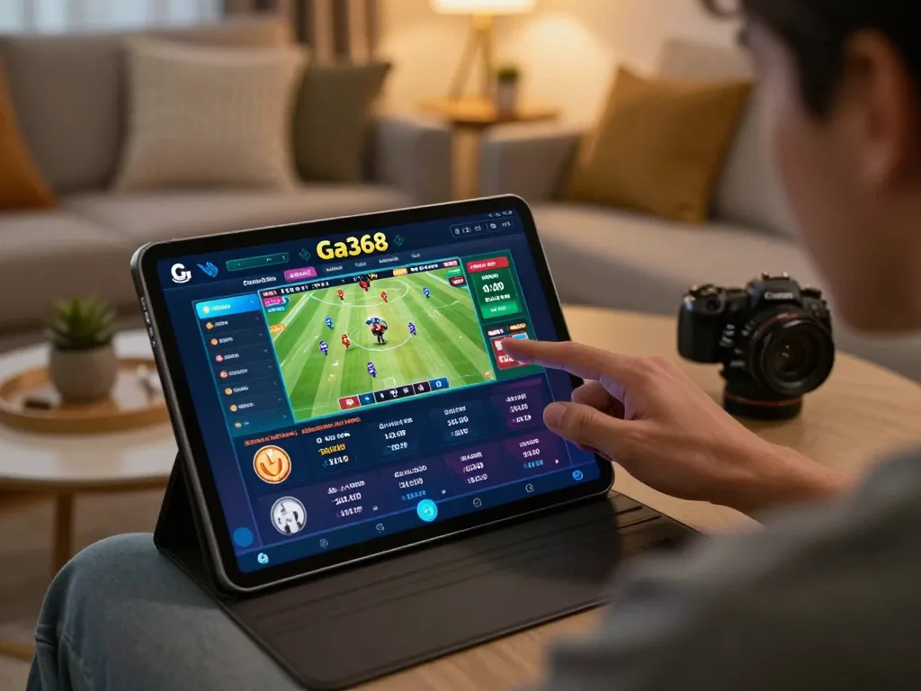 Engaging in online betting through the Ga368 app on a tablet in a cozy home setting