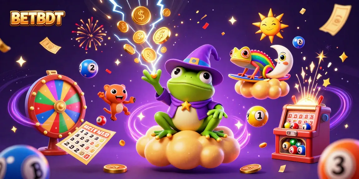 Experience thrilling games at BETBDT as the wizard frog conjures a storm of coins amidst lively casino elements.