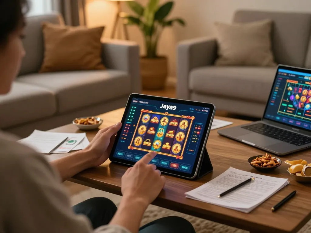 Playing JAYA9 casino slots on a tablet in a cozy home setting, showcasing gameplay tips and strategy notes