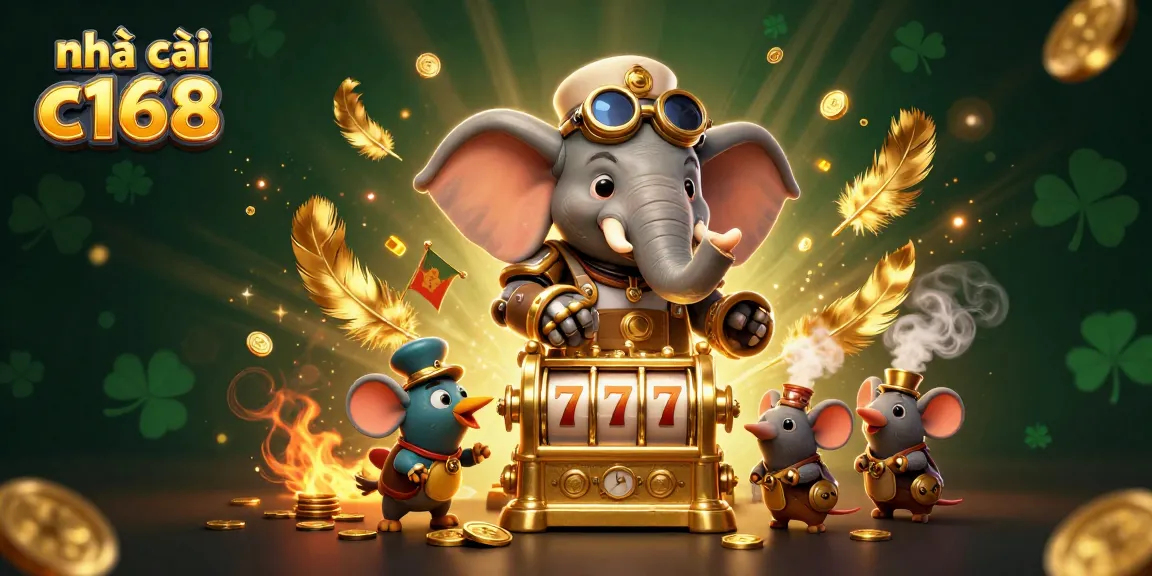 Spin the slots at nhà cái c168 with steampunk characters and vibrant casino elements.
