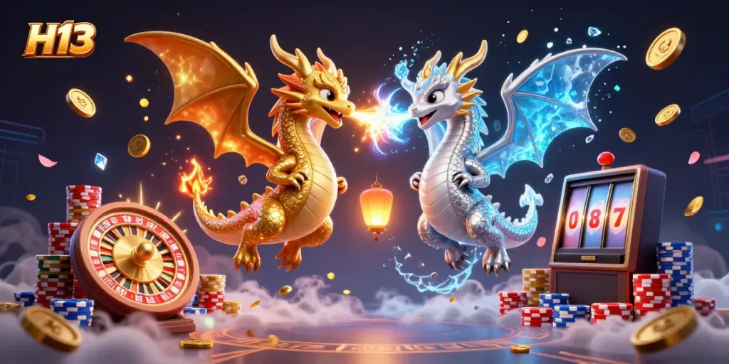 Engage in thrilling gameplay with H13 as gold and silver dragons battle amid cascading coins and vibrant casino elements.