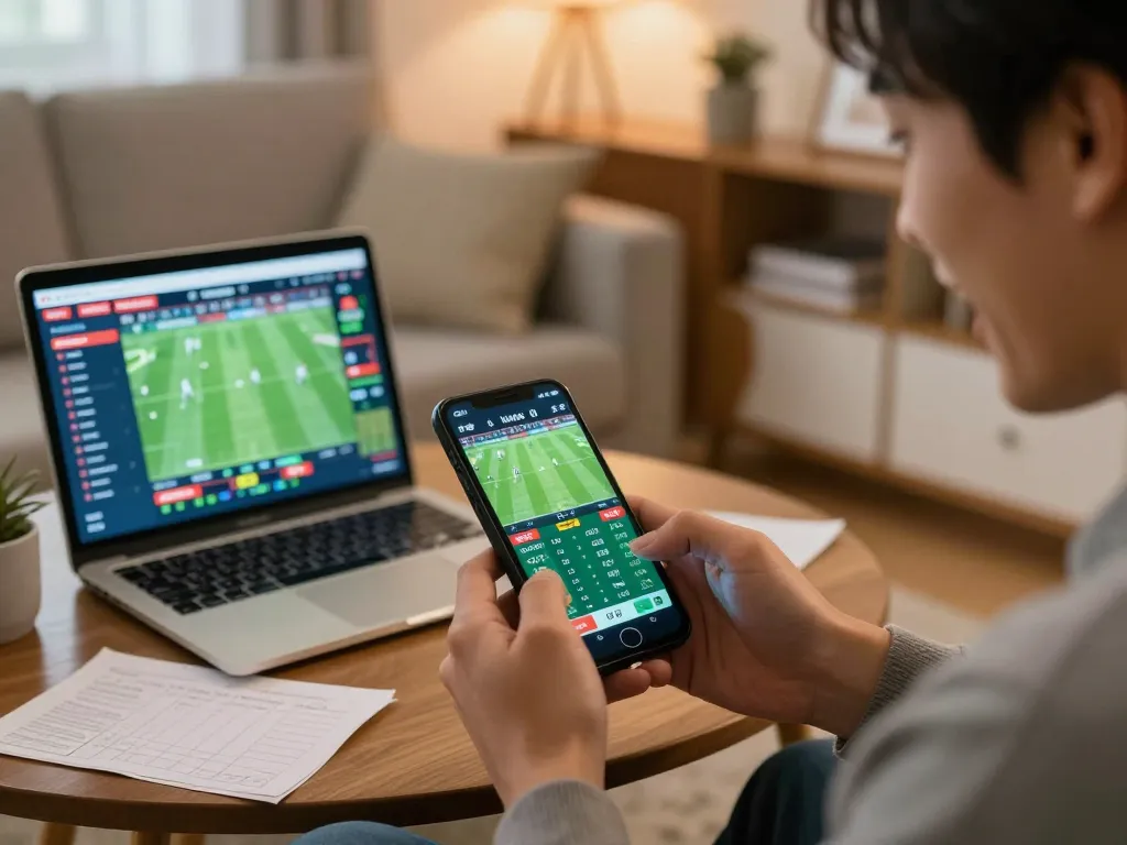 Soi kèo bóng đá while placing bets on a smartphone in a cozy home environment, showcasing excitement and engagement in live betting.