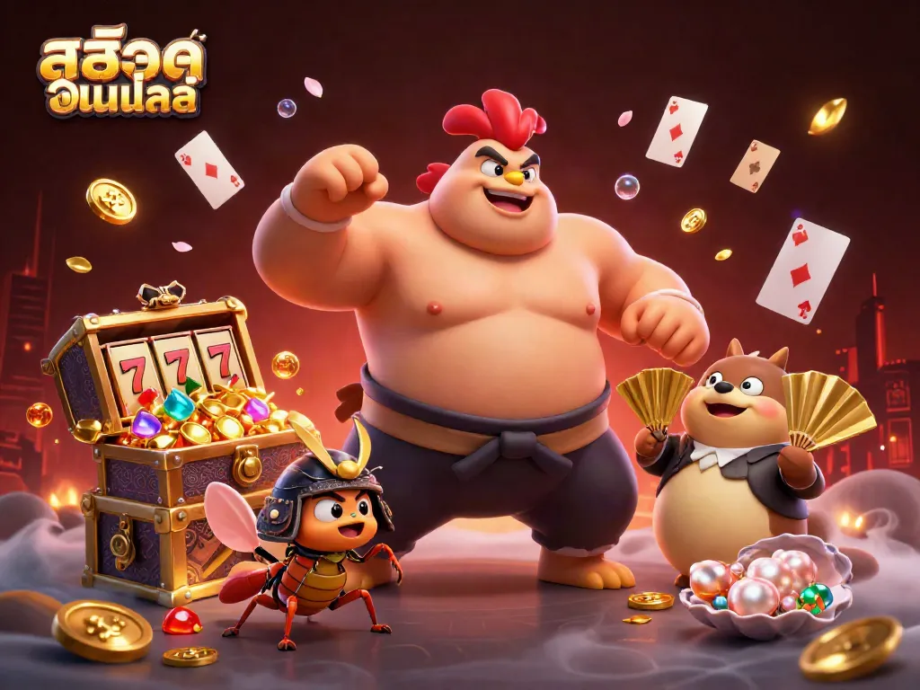 Experience the thrill of สล็อตออนไลน์ with a dynamic scene featuring a sumo wrestler, a fierce samurai cricket, and tanuki announcer amidst vibrant casino imagery.