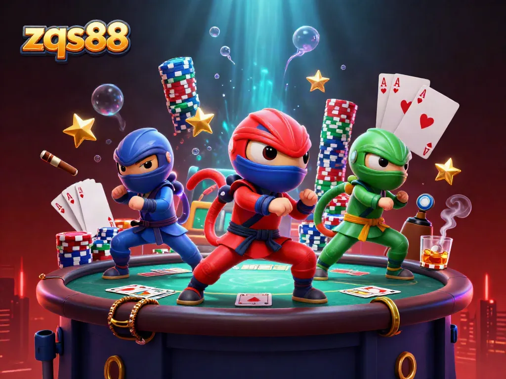 Experience thrilling poker action with zqs88's ninja chameleons in a vibrant casino scene.
