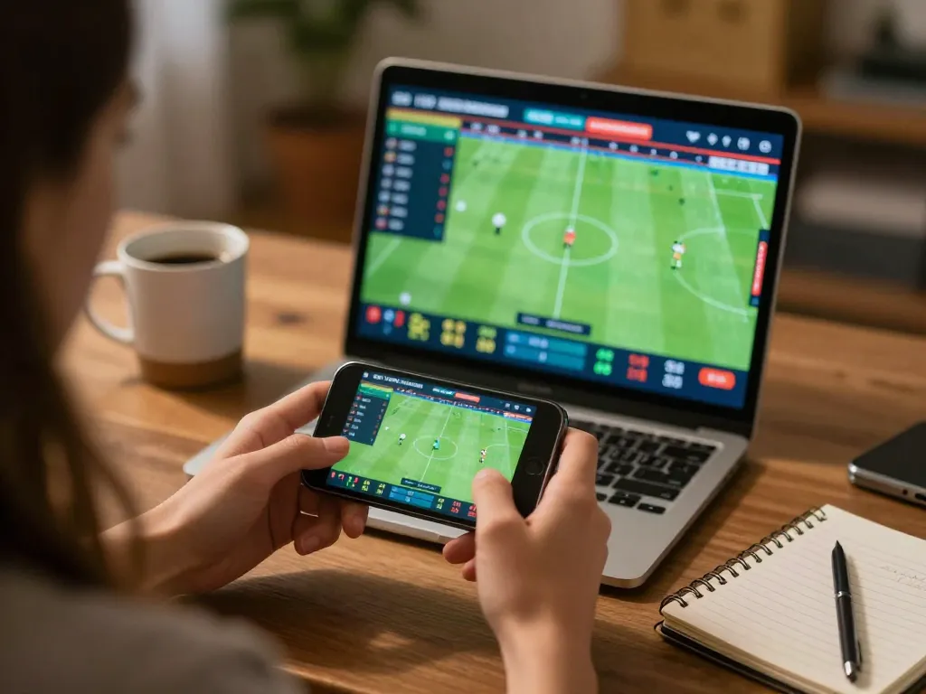 Engaging in soi kèo nhà cái hôm nay while placing mobile bets on live football matches from a cozy home.