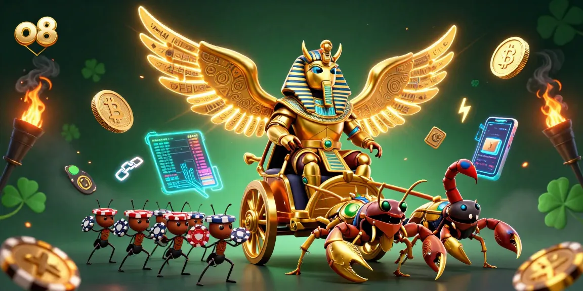 Win big at o8 with a vibrant scene depicting a golden scarab beetle and stylish cryptocurrency elements amidst a thrilling casino backdrop.