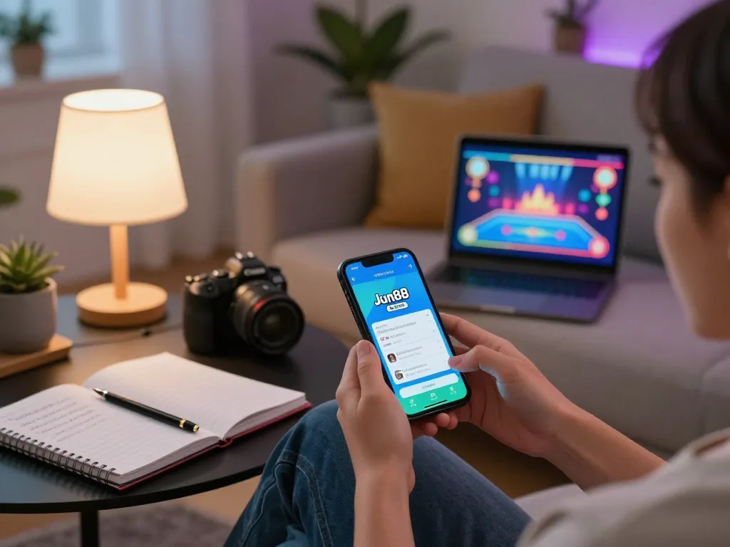 Player engaging with the Jun88 mobile app on a smartphone while practicing responsible gaming at home.