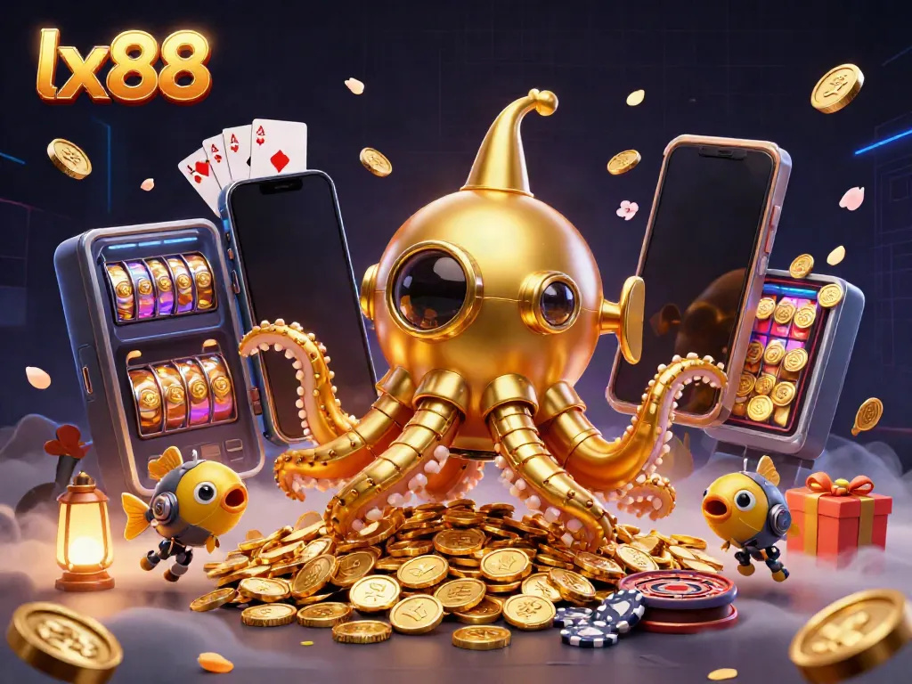Spin thrilling wins with lx88, featuring a golden kraken submarine amidst exciting casino elements.