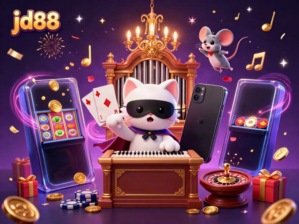 Join the excitement at jd88 with a lively casino scene featuring unique characters and vibrant game elements.