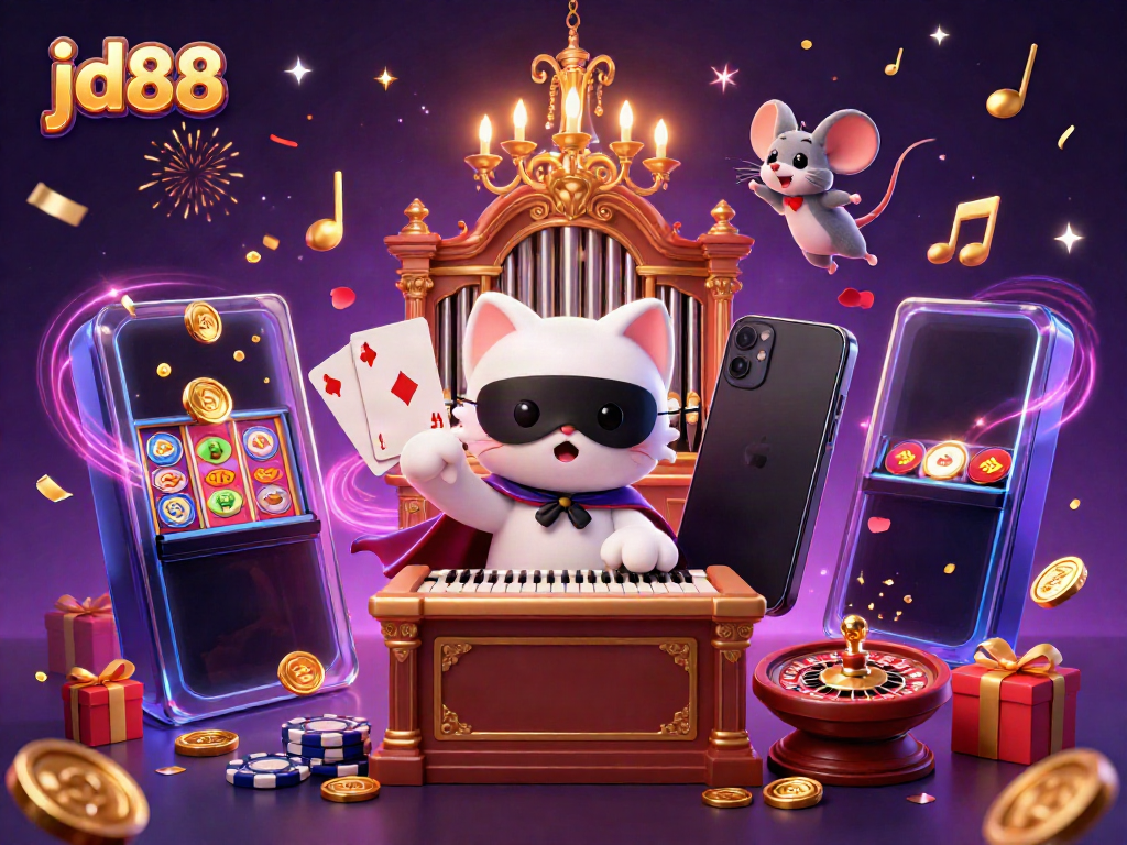 Join the excitement at jd88 with a lively casino scene featuring unique characters and vibrant game elements.