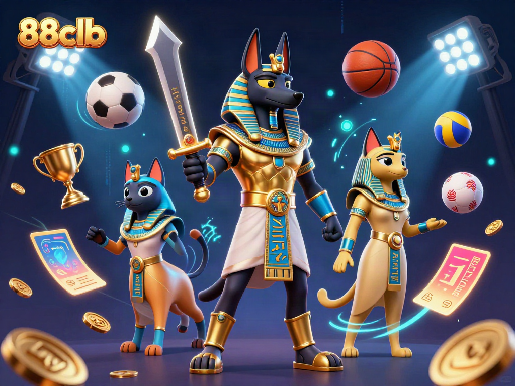 Engage with the thrilling 88clb experience as Anubis and Bastet celebrate victory in a vibrant casino scene.