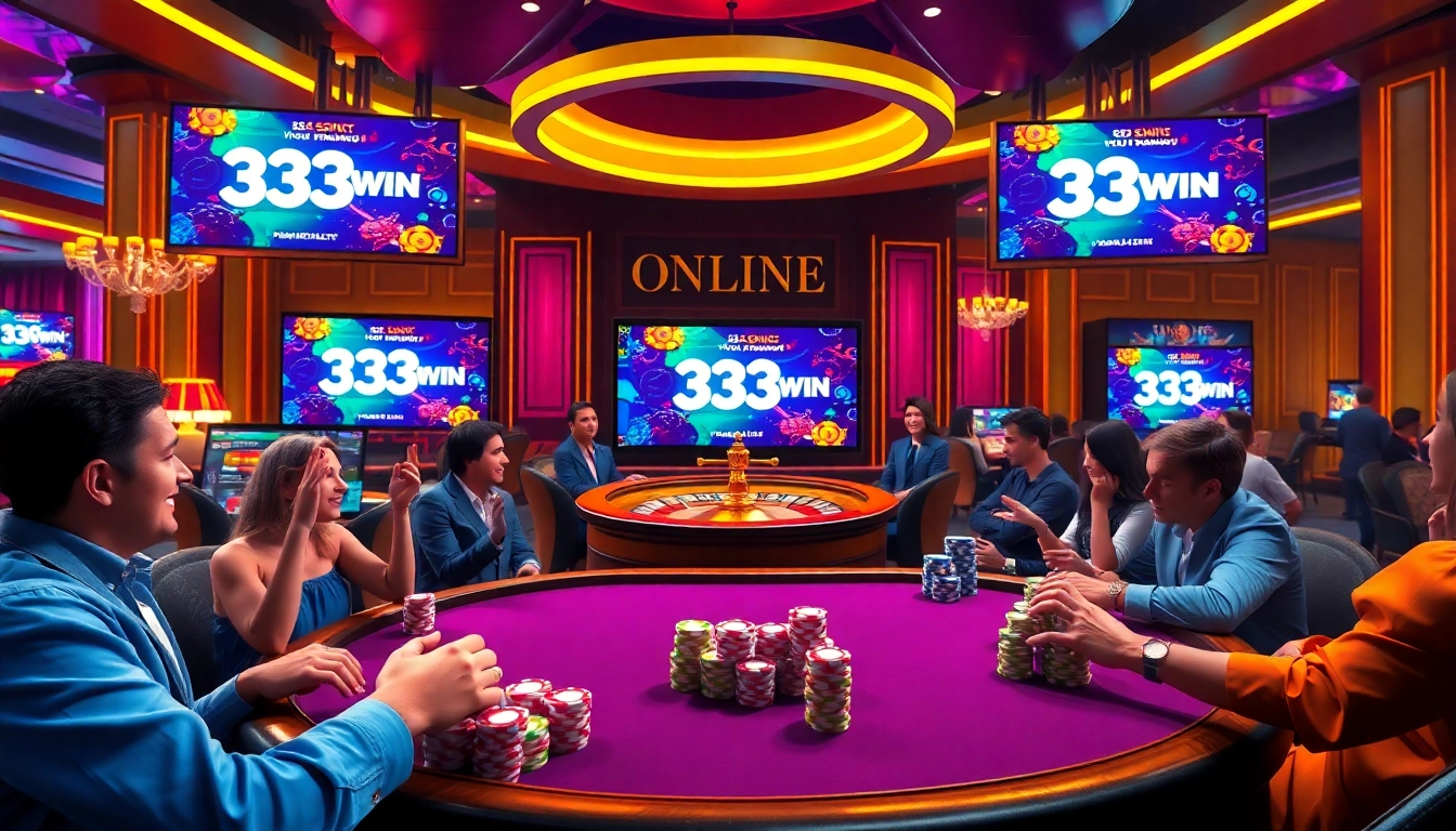 33Win offers an exhilarating poker experience with colorful chips on a lively casino table.