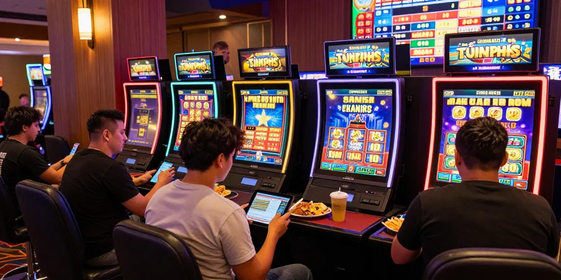 Players enjoying cocomaya bonus buy slots in a vibrant casino atmosphere with colorful slot machines and engaging features.
