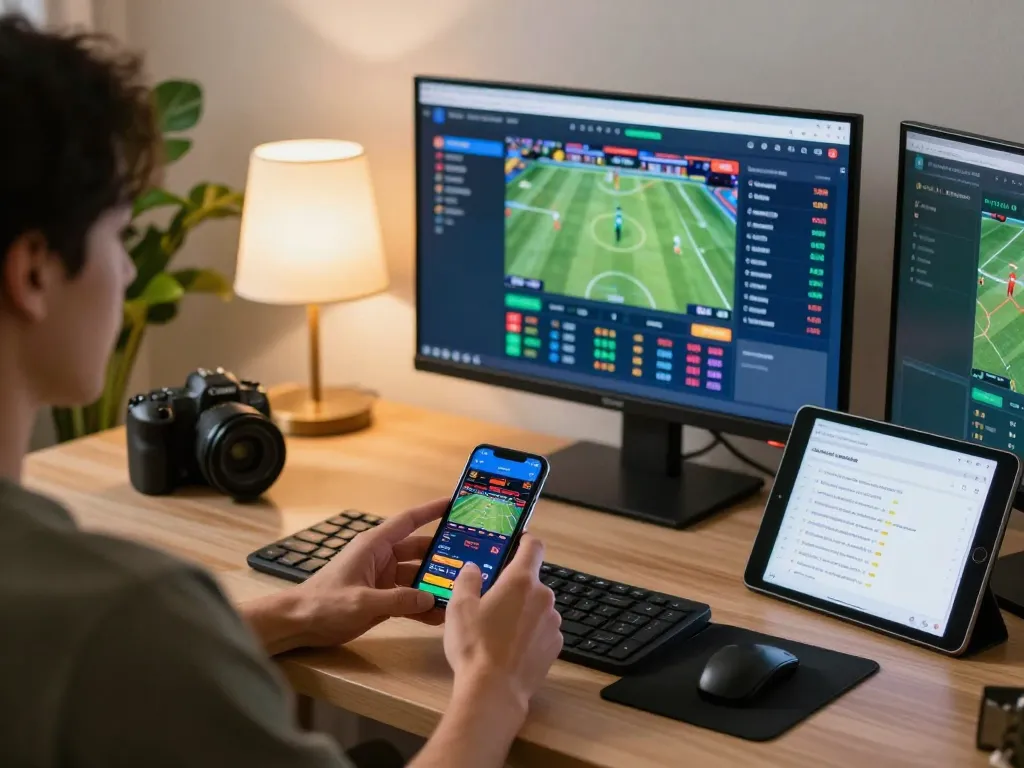 Placing bets on SMILE89, engaging with live sports betting interface in a comfortable home office.