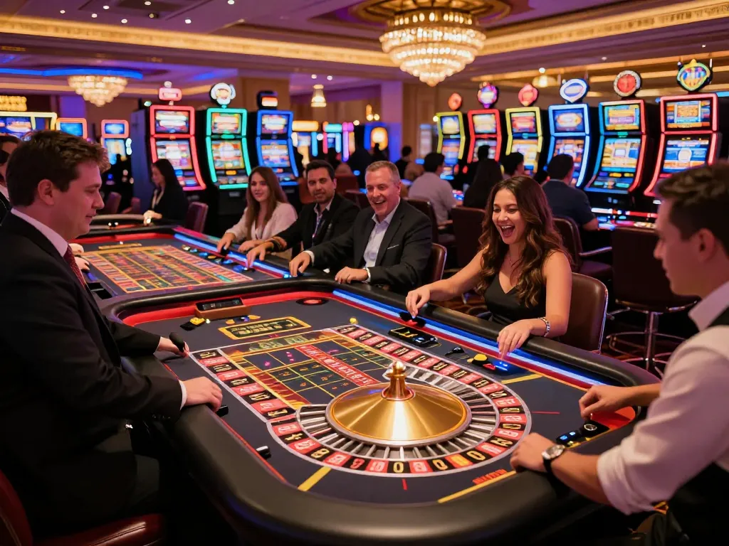 Experience the thrill of GA 88 at the roulette table as players place bets in a lively Las Vegas casino atmosphere.