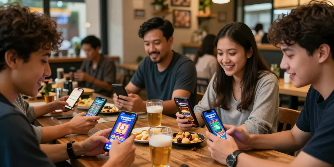 Players enjoying the Winbox Malaysia mobile casino app in a vibrant urban cafe.