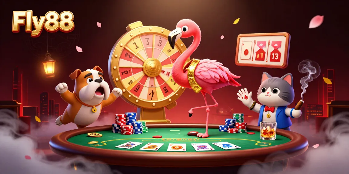 Engage with Fly88's vibrant 3D casino scene featuring a game show host, excited contestant, and prizes.